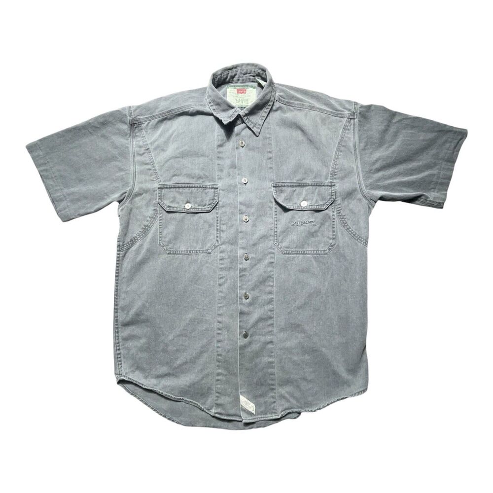 VTG Levi’s Metal Button Gray Denim Men’s M Short Sleeve Shirt Embroidered